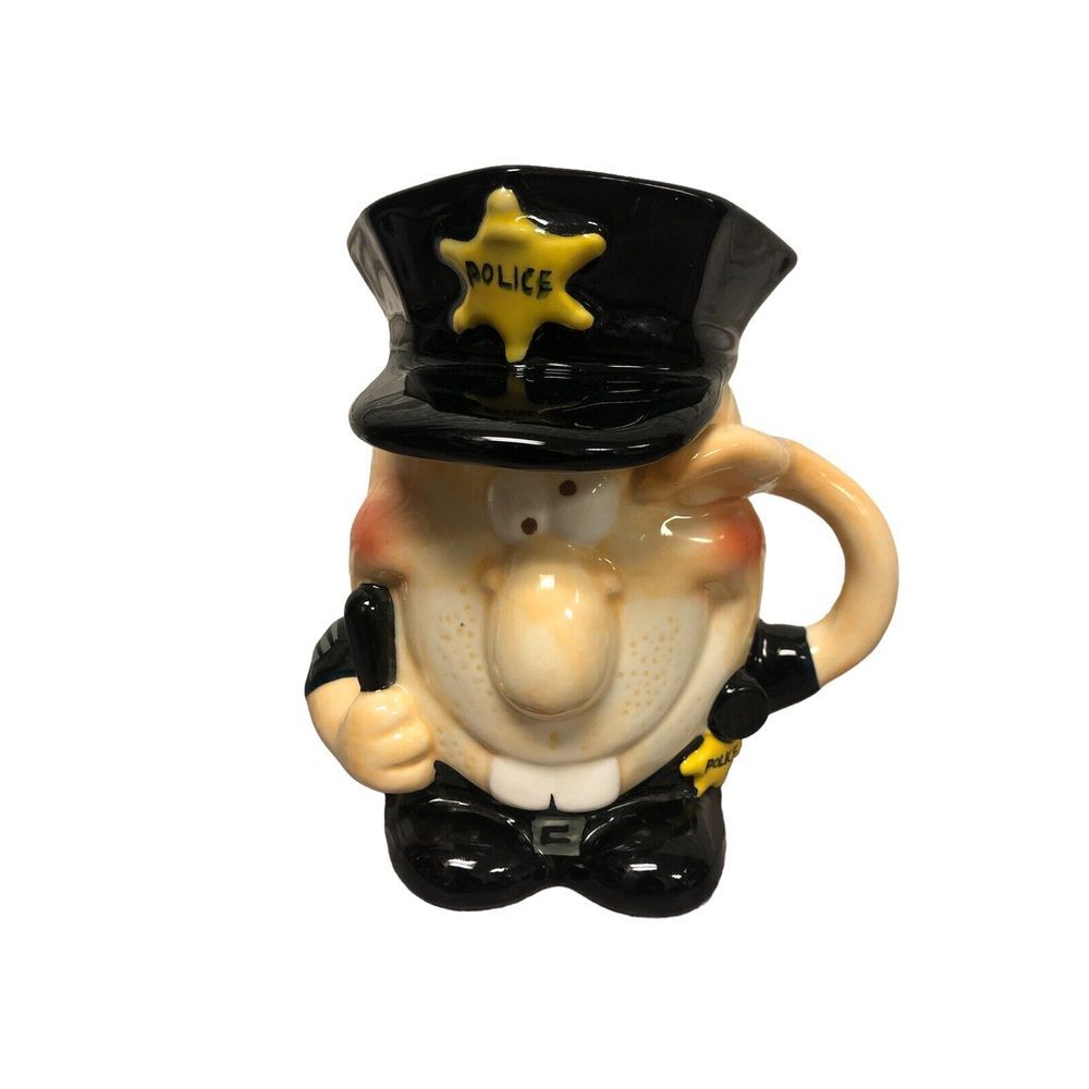 Vtg Ganz Novelty Lidded‎ Mug Police Patrol Cop Officer Saluting With goofy smile